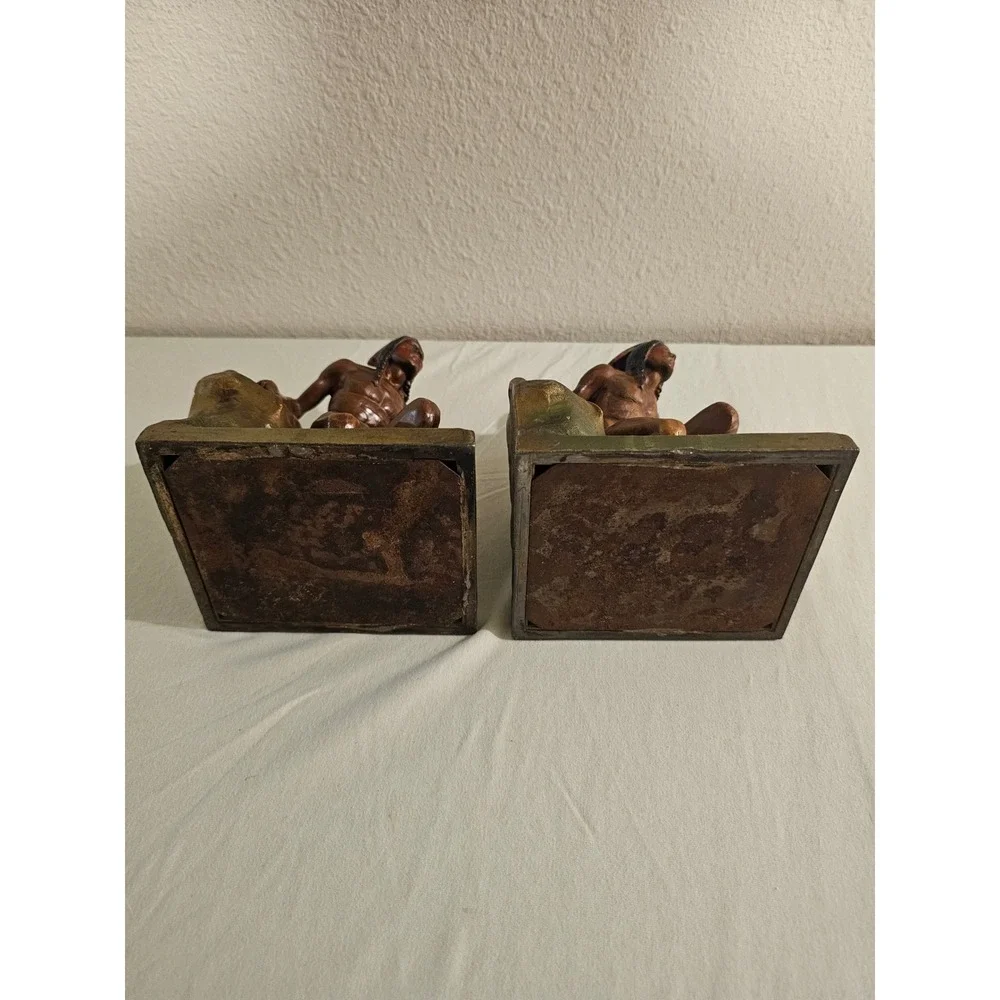 Vintage Native American Scout Cast Metal Polychrome Bookends Pair Bronze Tone